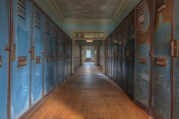 A hallway with blue lockers and a wooden floor. The lockers are old and rusted