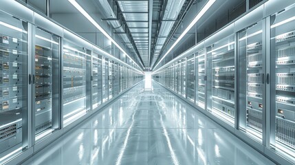 Obraz premium 3D rendering of a modern server room with white walls and glass fronted cabinets containing high-performance computer workframes, white floor, white ceiling, bright lighting.