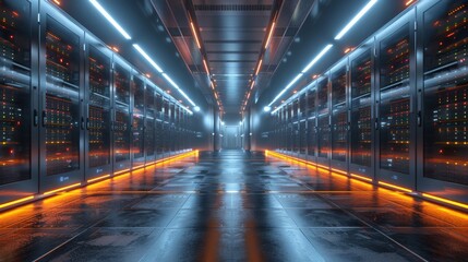 3D rendering of a modern server room with white walls and glass fronted cabinets containing high-performance computer workframes, white floor, white ceiling, bright lighting.