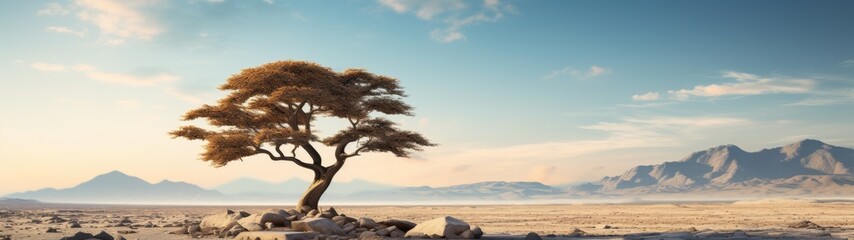Lone acacia tree in desert landscape