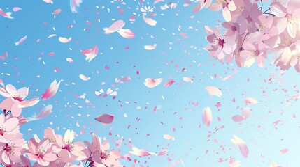 青空と桜の花びらが舞い散るイラスト、さくら 桜がふわりと散る