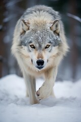 Obraz premium Captivating close-up of a majestic gray wolf in the snowy wilderness