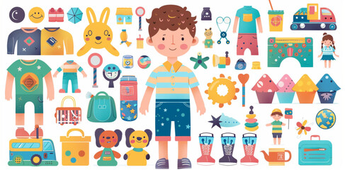 Big set of toys for a boy, vector illustration on a white background with elements and accessories to create the character of a paper doll or for a children's game