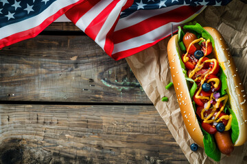 Copy Space of hot dogs for Independence Day, presenting delectable hot dogs with flag-themed toppings, honoring the United States and its rich food culture - Powered by Adobe