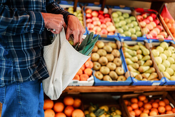 Closeup hands of man shopping at farm market. Senior customer buying at grocery store. Small...