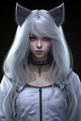 Mysterious anime-style woman with cat ears and silver hair