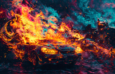 Fiery Car Engulfed in Flames with Surreal Colors