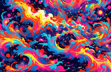 A colorful painting of a wave with a splash of blue and yellow
