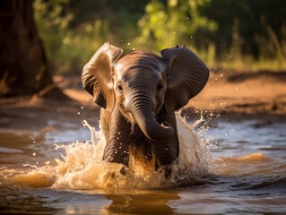 Fototapeta premium Playful elephant splashing in water