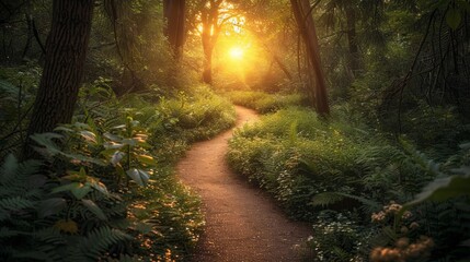A Path Through the Woods With a Sun Setting In the Middle of the Path - Generative AI