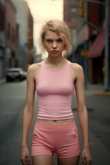 young woman in pink outfit standing in alley