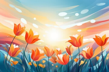 Fototapeta premium Vibrant tulip field at sunset