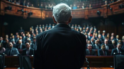 Fototapeta premium Vote, US presidential election campaign concept. Capturing a crucial election day speech, politician turned to the audience, symbolizing leadership and hope