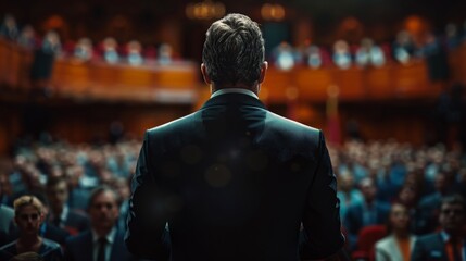 The back of a politician during a speech, a symbol of turning towards the future, election day