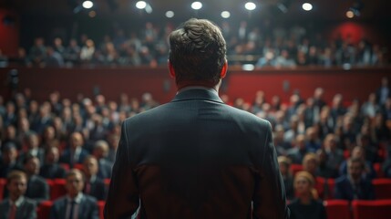 Politician facing the audience, captured from behind on election day. Vote, US presidential election campaign concept