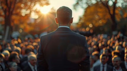 shot of a politician facing away from the camera towards an engaged crowd on election day