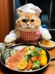 chef cat with seafood dish