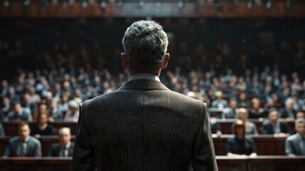 Fototapeta premium Politician facing the audience, captured from behind on election day. Vote, US presidential election campaign concept