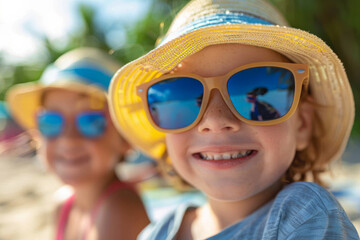 Stay Safe in the Sun. Child wearing sunglasses and a summer hat