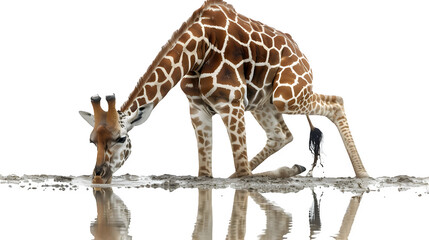 Giraffe drinking water isolated on a transparent background, PNG, Ai