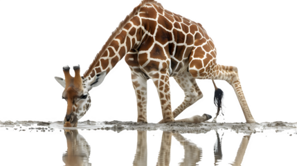 Giraffe drinking water isolated on a transparent background, PNG, Ai