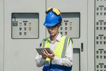 Industrial engineer working on a control panel in an urban setting, adjusting settings to optimize...