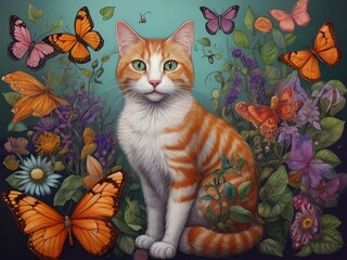 Orange cat adorned with a myriad of floral patterns with green eyes, surrounded by various butterflies,