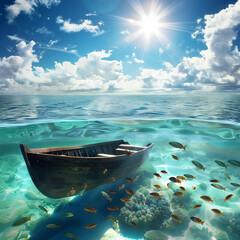 Fototapeta premium Serene Skiff Journey in Crystal Waters Against a Sunny Tropical Sky
