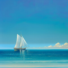 Fototapeta premium Sparkling Turquoise Sea with a Schooner Against Blue Gradient Sky