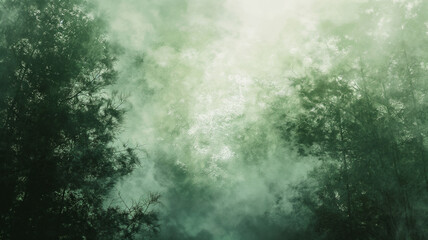 Misty forest with sunlight filtering through green, shadowy trees, creating an ethereal, mysterious atmosphere.