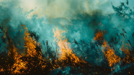 Wildfire consuming a forest under a dramatic sky, capturing the fierce interplay of flame and smoke in a natural setting.