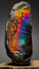 Iridescent mineral slice displaying vibrant rainbow colors and intricate patterns, set against a neutral background.