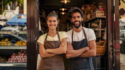 Portrait of two smiling young delicatessen owners standing together at the front entrance to their...