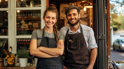 Portrait of two smiling young delicatessen owners standing together at the front entrance to their...
