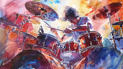 A dynamic watercolor painting of a drummer passionately playing a vibrant drum kit, showcasing the energy and creativity of live music with expressive, colorful strokes.
