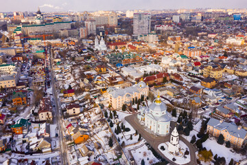 View from drone of architectural complex of Alekseev-Akatov Convent in old town of Voronezh on...