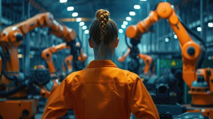 rear view of Factory Female Industrial Engineer working with automation robot arms machine in intelligent factory industrial on real time monitoring system software,Digital future manufacture, - Powered by Adobe