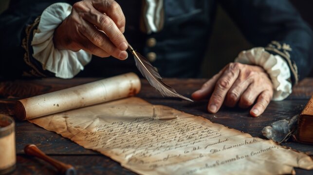 A calligrapher writing elegant script with a quill pen.