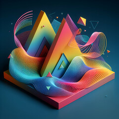 Funky Triangle Shape and Lines With Wavy Rolling Waves & Colorful Rainbow Gradient Vivid Colors Geometric Background. Holographic Abstract Deviant Art. AI Dreams. Mathematical Melodies. Artistic Flair - obrazy, fototapety, plakaty