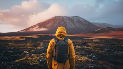 rear view of Young man in yellow jacket meets beautiful sunrise above volcanic crater, aesthetic look