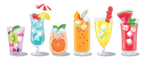 Set of fruit cocktail with fruits and berries, ice cubes and mint leaves in a glass. Summer refreshment, juicy fruity drink