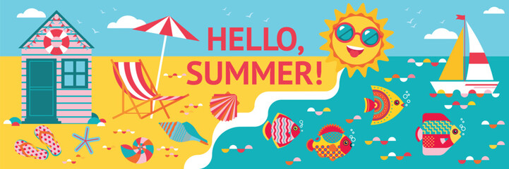 Abstract summer background with smiling sun, beach, seashells, sun lounger, umbrella,yacht and fishes. Vacation, recreation and travelling backdrop. Maritime landscape with beach elements © Lina_vector