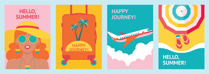 Set of summer traveling backgrounds with a beautiful tanned girl, mobile suitcase, flying airplane and beach. Minimalistic flat poster with journey and vacation symbols. Flyer, banner, invitation.