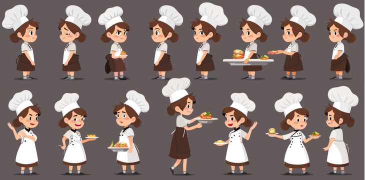 
Create vector illustrations of female chefs with various poses and expressions, character creation sheet for animation.