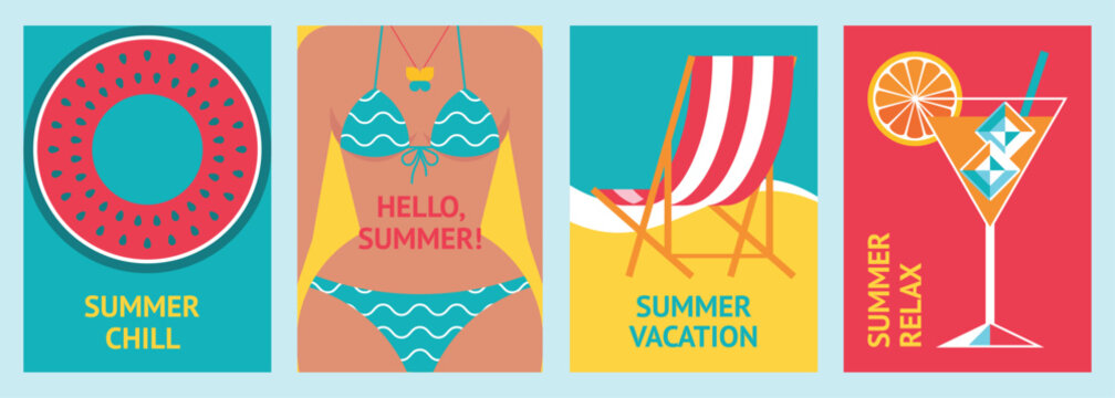 Set of summer beach leisure backgrounds with femail body, inflatable ring, sun lounger, cocktail. Minimalistic flat poster with recreation and relax symbols. Flyer, banner, invitation.