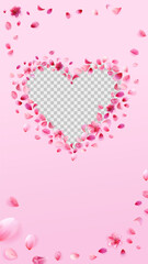 Pink sakura heart valentines day story template. Rose petals png frame isolated on pink background.
