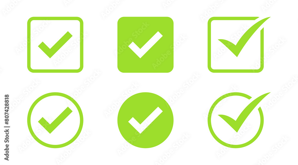 Poster check mark icon button set. check box icon with right or correct buttons and yes checkmark icons in green tick box - checkbox symbol sign. check mark box square frame. vector illustration