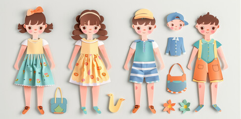Dressed doll and a toy boy with different outfits and accessories for play, isolated on a white background in a vector illustration design set of paper dolls