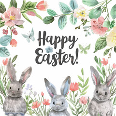 easter card with flowers and bunnies, white background, text "Happy Easter!" in the middle, clipart style, vector design, flat colors, watercolor style