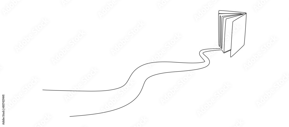 Fototapete continuous one line drawing of open book with flying pages. education and knowledge library concept.